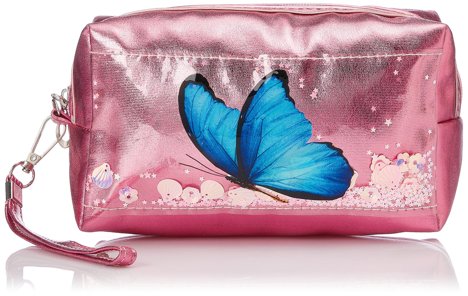 Leather zipper handbag with butterfly design and hand strap for kids - pink