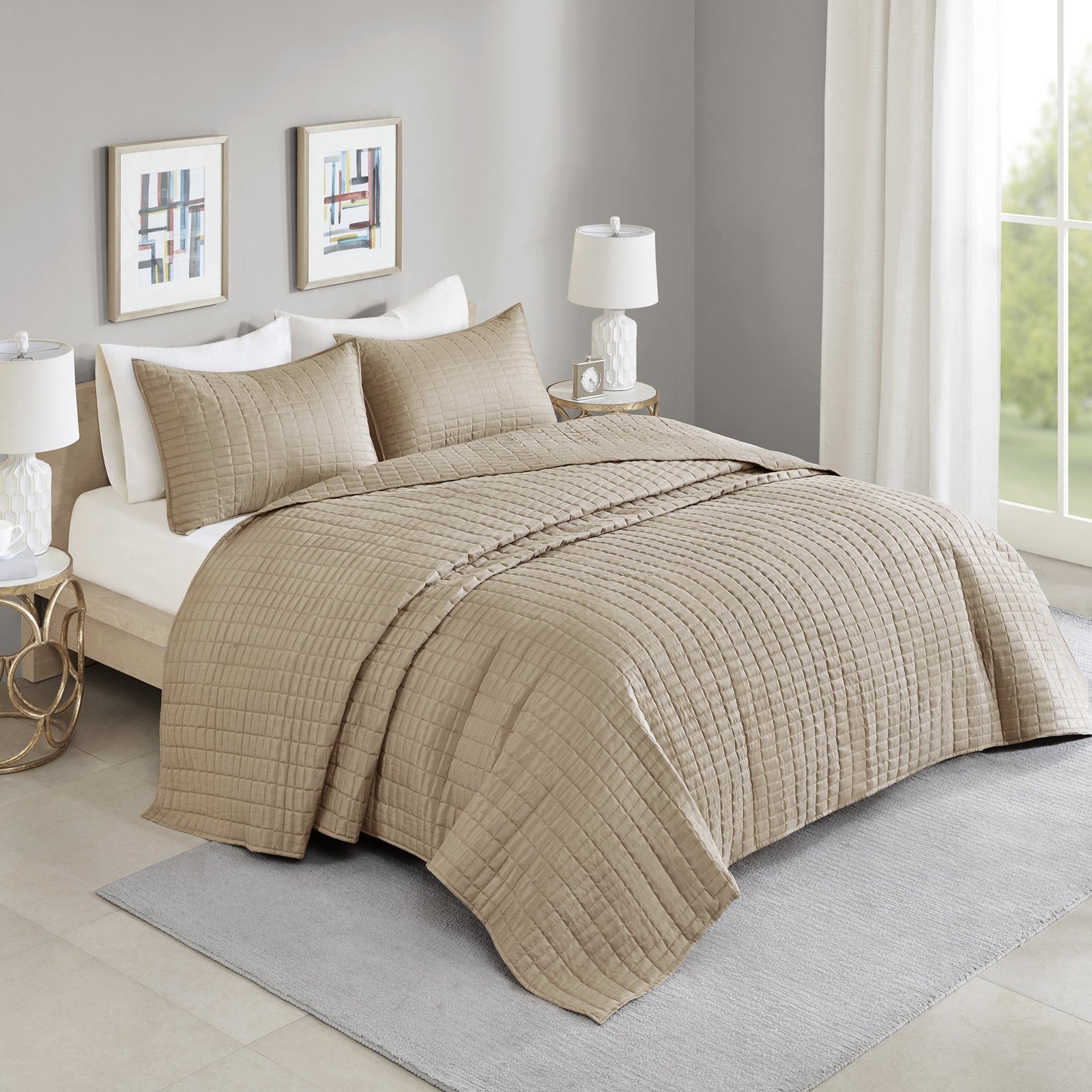 Comfort spaces - cs13-0933 kienna quilt coverlet bedspread ultra soft hypoallergenic all season lightweight filling stitched bedding set, oversized queen 108x118, taupe 3 piece