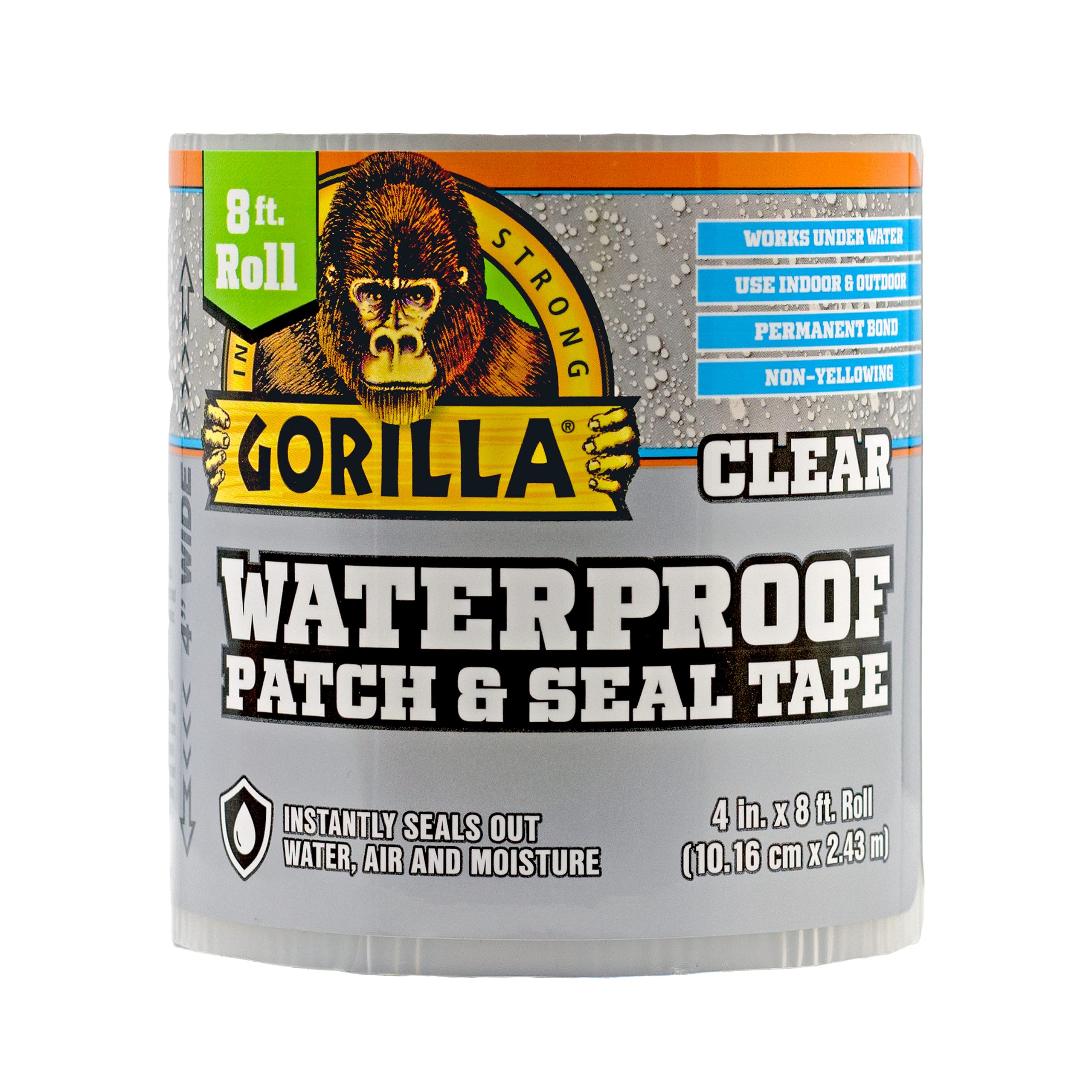 Gorilla Waterproof Patch & Seal Tape, 4" x 8', Clear, (Pack of 1)