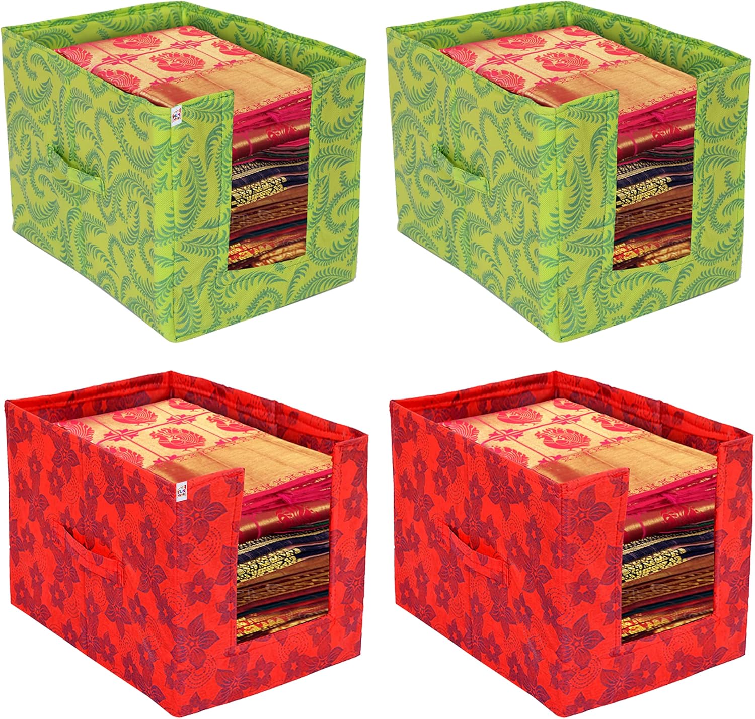 Fun Homes Metalic Flower Print Foldable Rectangle Cloth Saree Stacker Wardrobe Organizer- Pack of 4 (Green & Red)