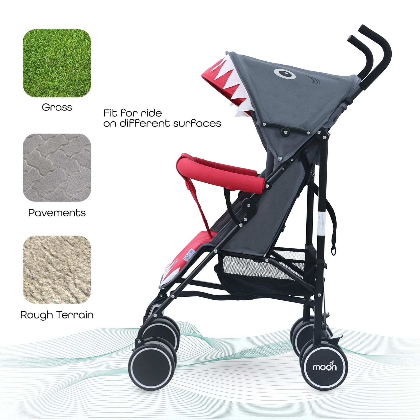 MOON Safari Baby Stroller – Animal-Themed Umbrella-Stroller with Hood – Compact Lightest-Stroller for Travel – Reclining, Storage Basket, Shoulder Strap – 0m+ (Up to 18 kg) – Shark