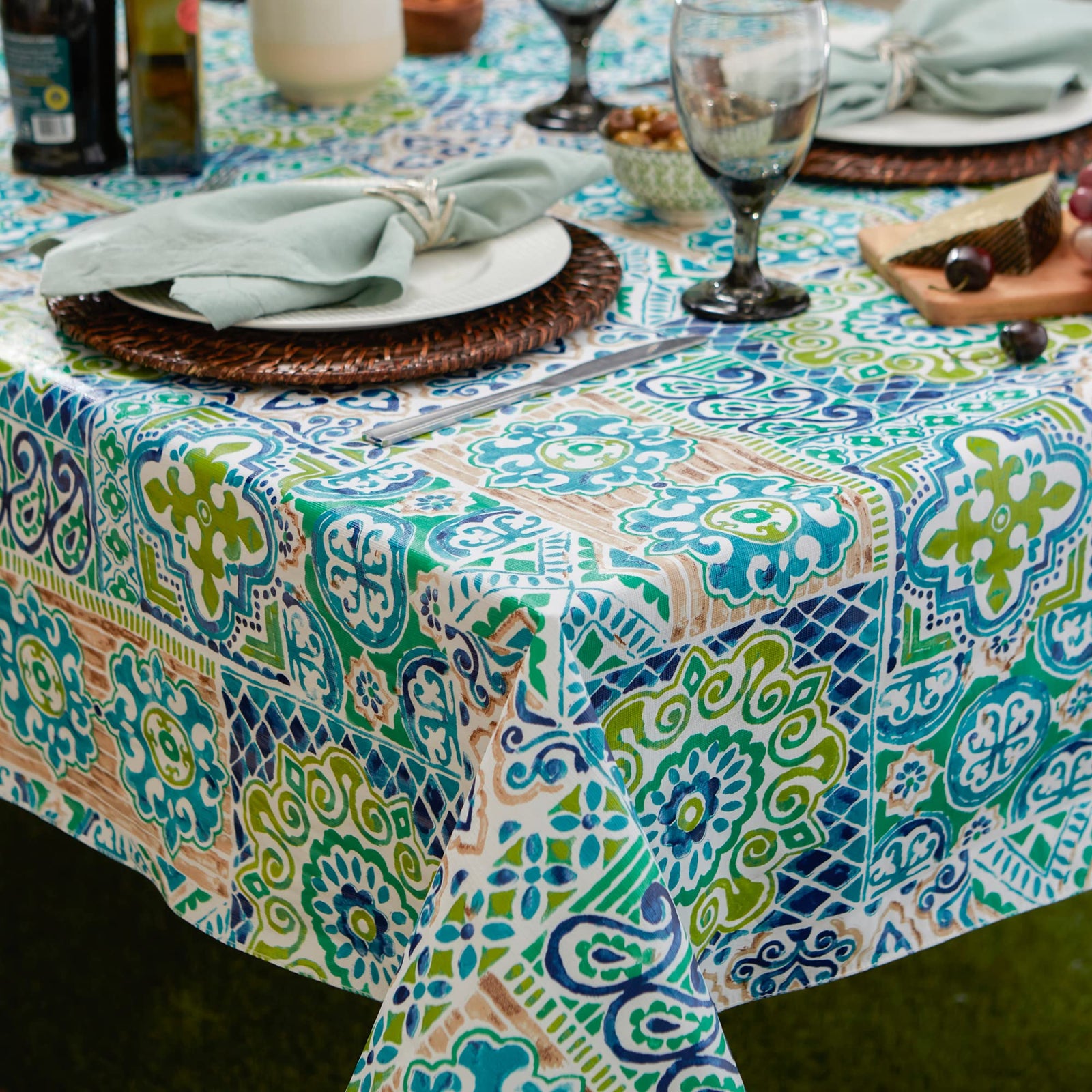 DII Spanish Tile Print Collection Vinyl Multi Use, Flannel Backed Tablecloth, Rectangle, 60x102, Spanish Tile