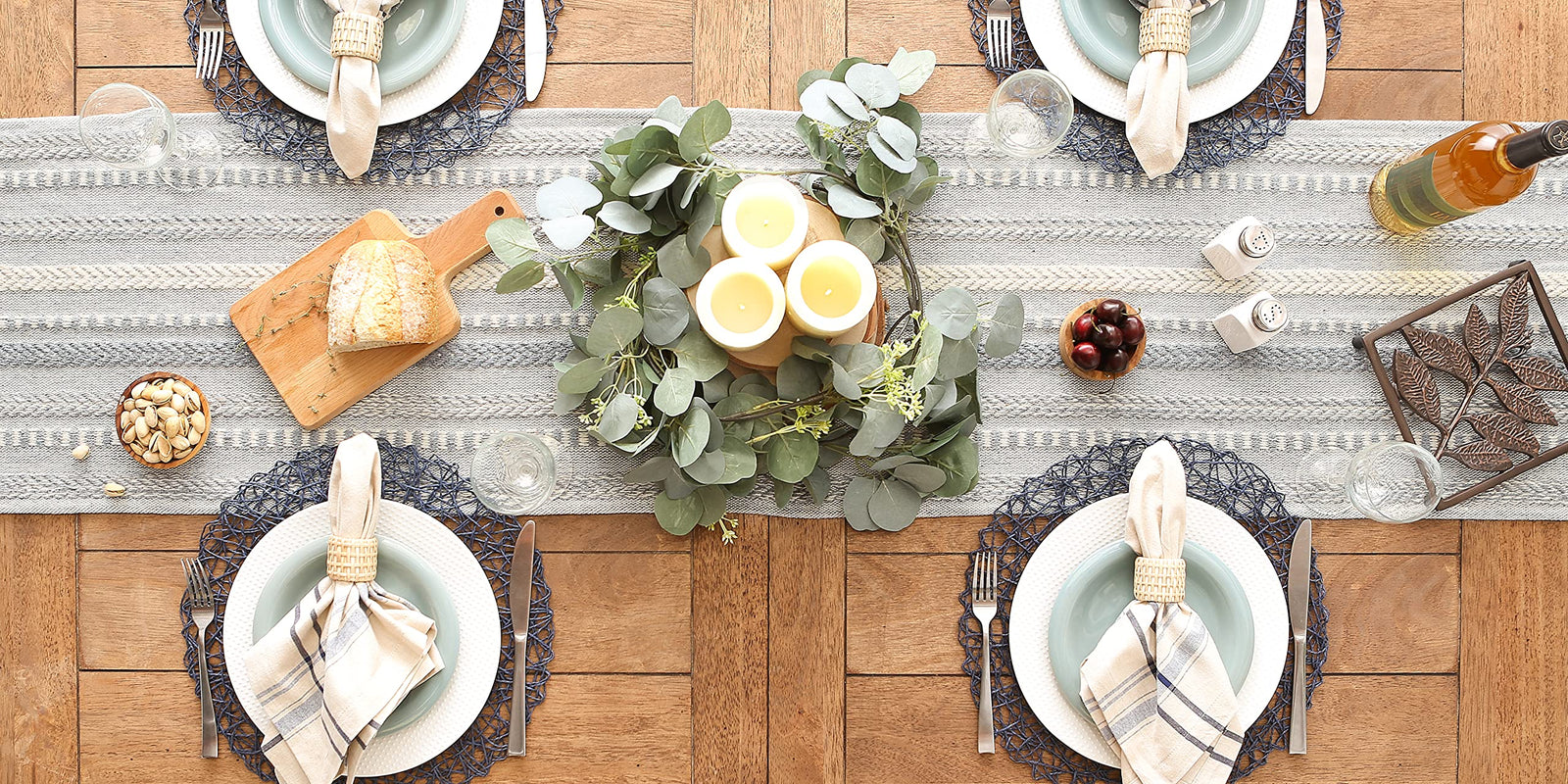 DII Farmhouse Braided Stripe Table Runner Collection, 15x72 (15x77, Fringe Included), Cool Gray