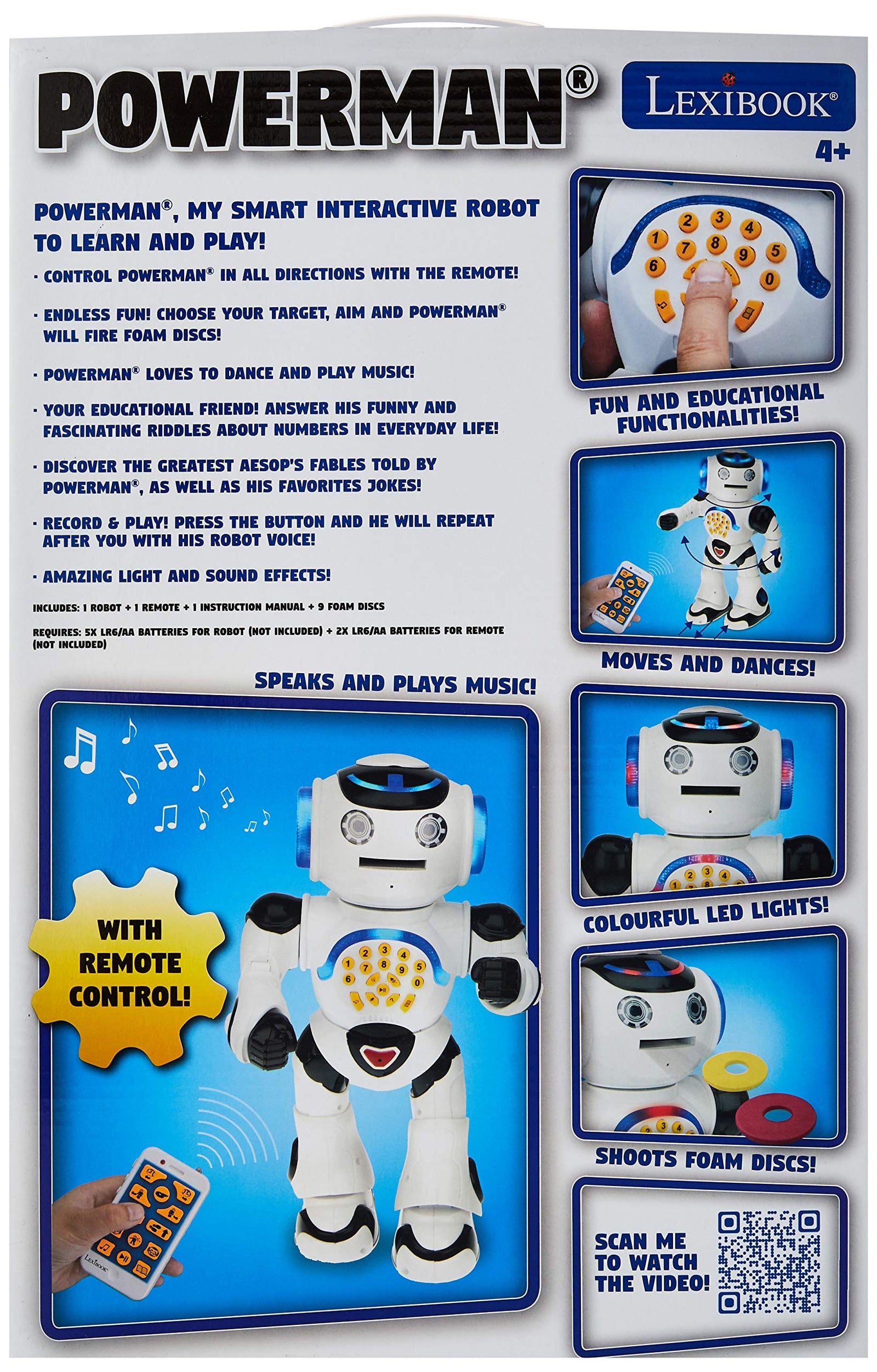 Lexibook Powerman - Remote Control Walking Talking Toy Robot, Dances, Sings, Reads Stories, Math Quiz, Shooting Discs, and Voice Mimicking, for kids 4+ - ROB50EN