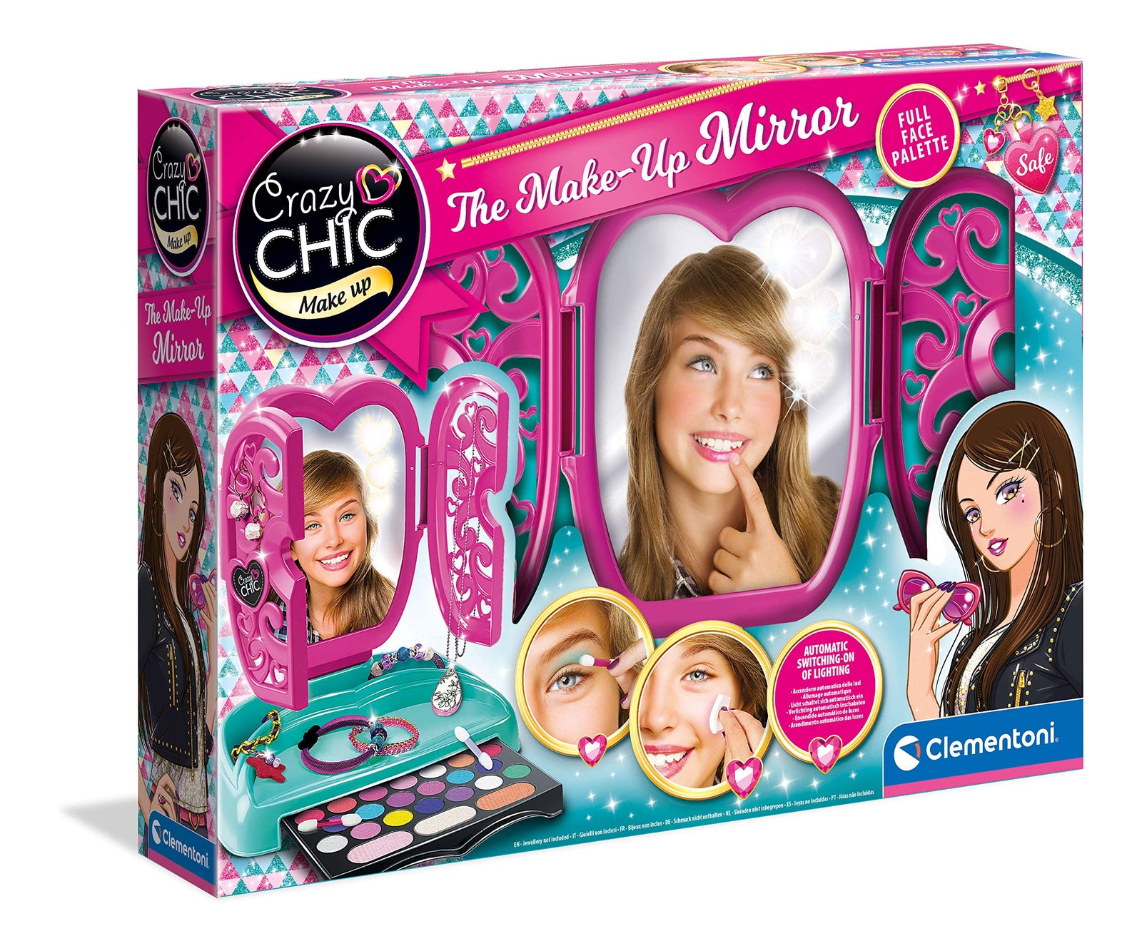 Clementoni 18541 clementoni-18541-crazy chic mirror make-up for children-cosmetic beauty set for girl from 7 years and older, multi-coloured