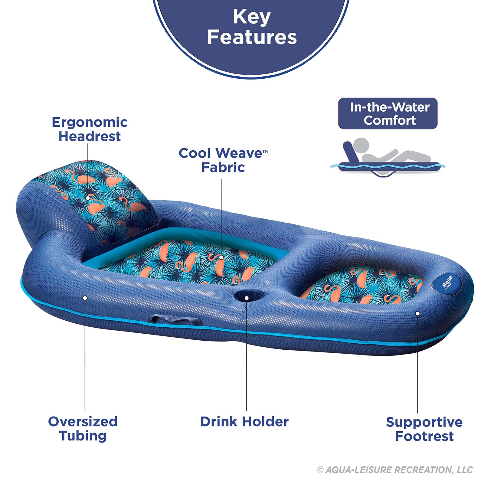 Aqua Luxury Water Lounge, X-Large, Inflatable Pool Float With Headrest, Backrest & Footrest, Palm Beach Flamingo