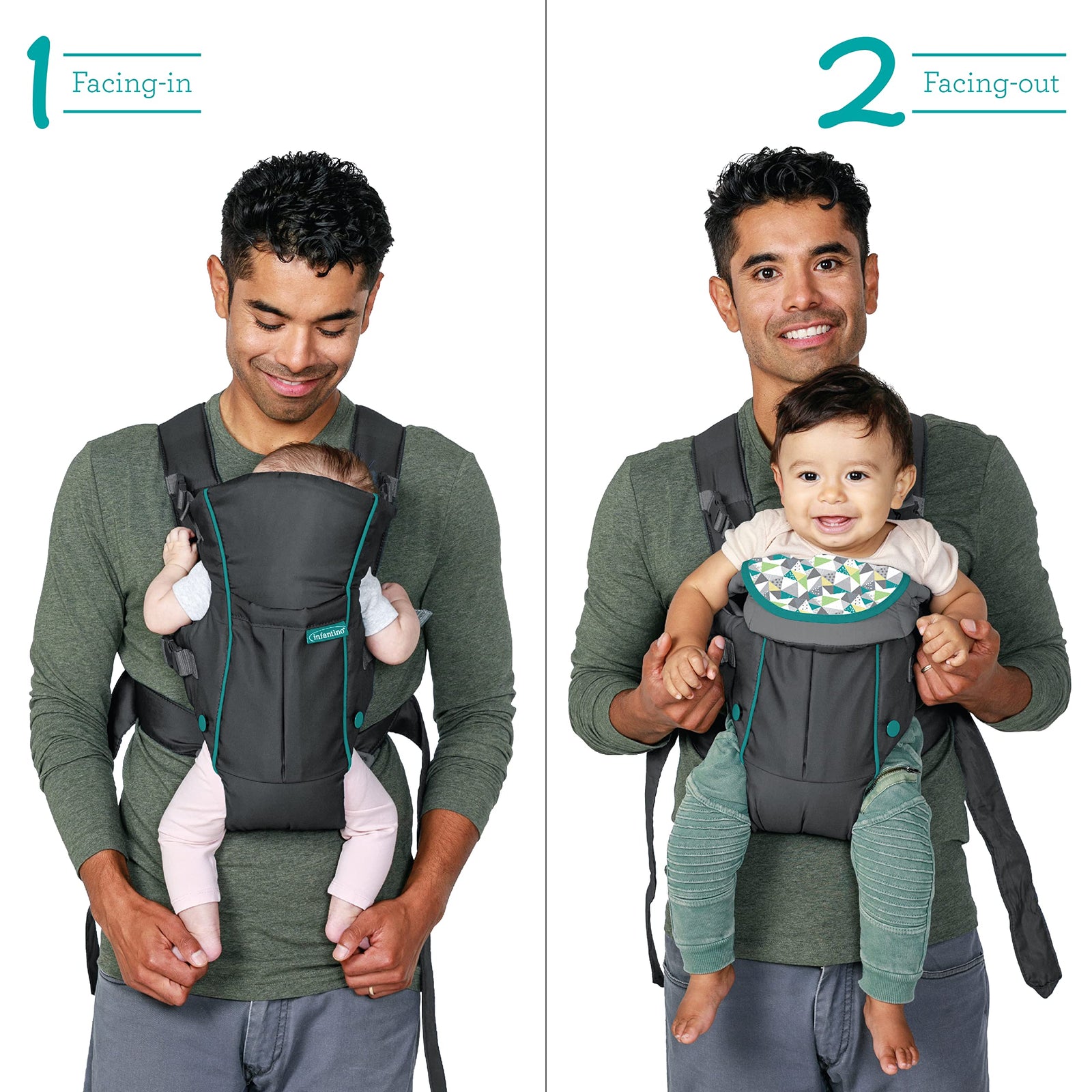 Infantino Swift Classic Carrier with Pocket - 2 Ways to Carry Grey_Carrier with Wonder Bib & Essentials Storage Front Pocket, Adjustable Back Strap, Inward & Outward Facing, Easy Clean Material