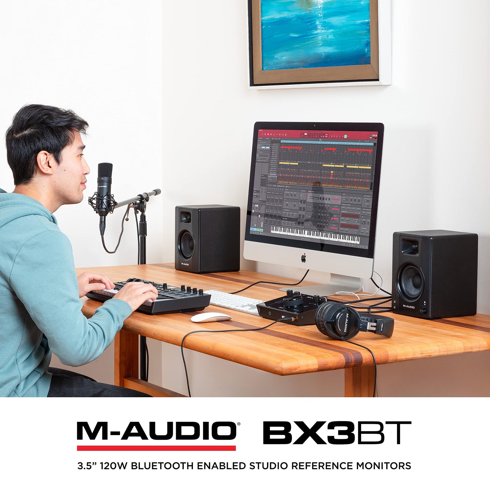 M Audio Bx3 Bt 3.5 Inch Bluetooth Multimedia Monitors Pair 120W Powered Monitor With 3.5'' Kevlar Lf Driver, 1'' Silk Dome Hf And Pair, Black, RCA