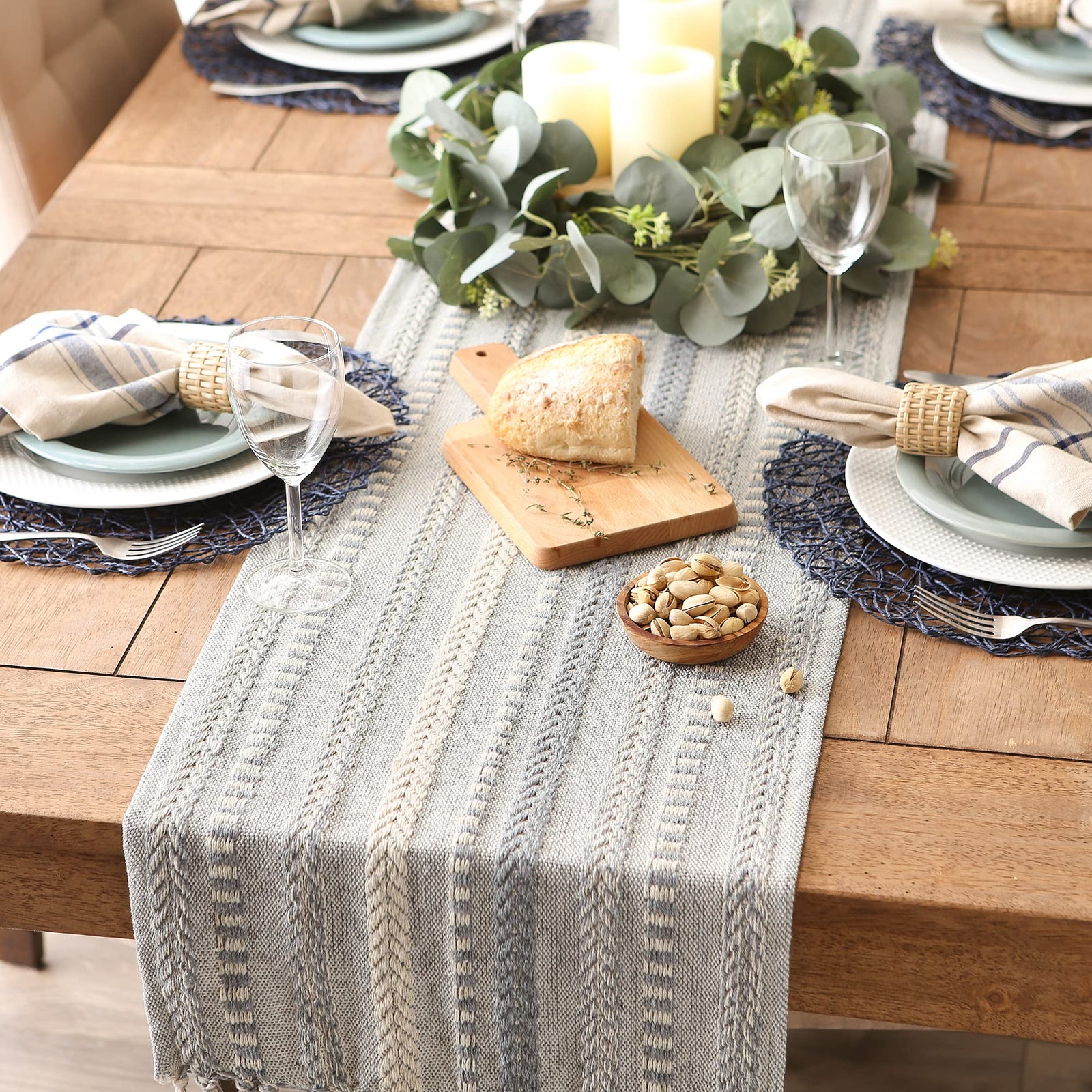 DII Farmhouse Braided Stripe Table Runner Collection, 15x72 (15x77, Fringe Included), Cool Gray