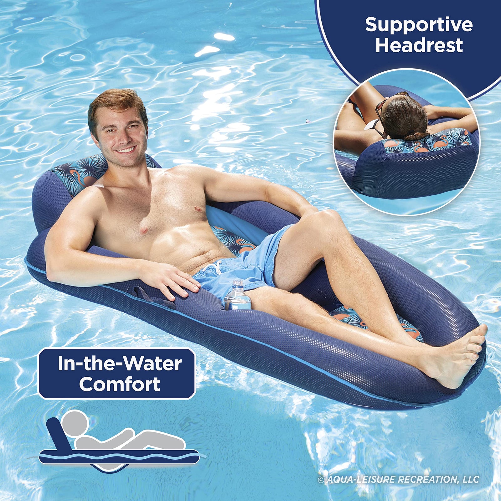 Aqua Luxury Water Lounge, X-Large, Inflatable Pool Float With Headrest, Backrest & Footrest, Palm Beach Flamingo