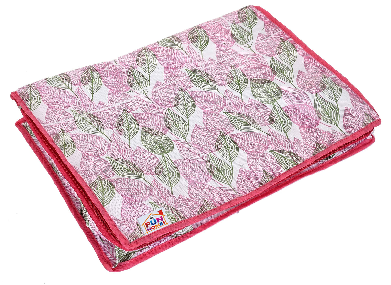 Fun Homes Metalic Leafy,Checkered Print Non Woven 8 Pieces Underbed Storage Bag,Cloth Organiser,Blanket Cover with Transparent Window (Ivory & Pink)-FUHHNH16653