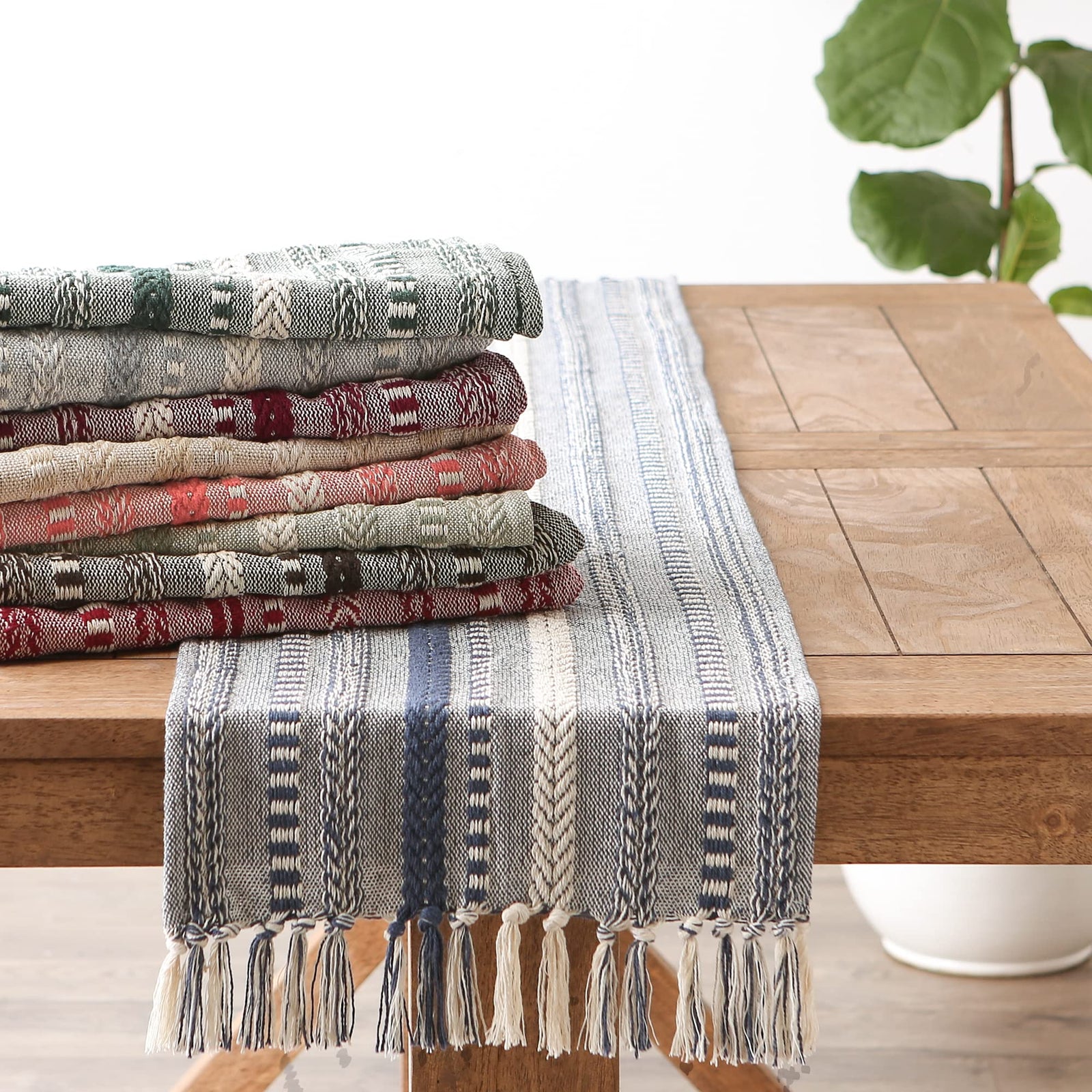 DII Farmhouse Braided Stripe Table Runner Collection, 15x72 (15x77, Fringe Included), Cool Gray