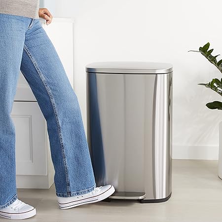 Amazon Basics Smudge Resistant Rectangular Trash Can With Soft-Close Foot Pedal, Brushed Stainless Steel, 50 Liter/13.2 Gallon, Satin Nickel Finish