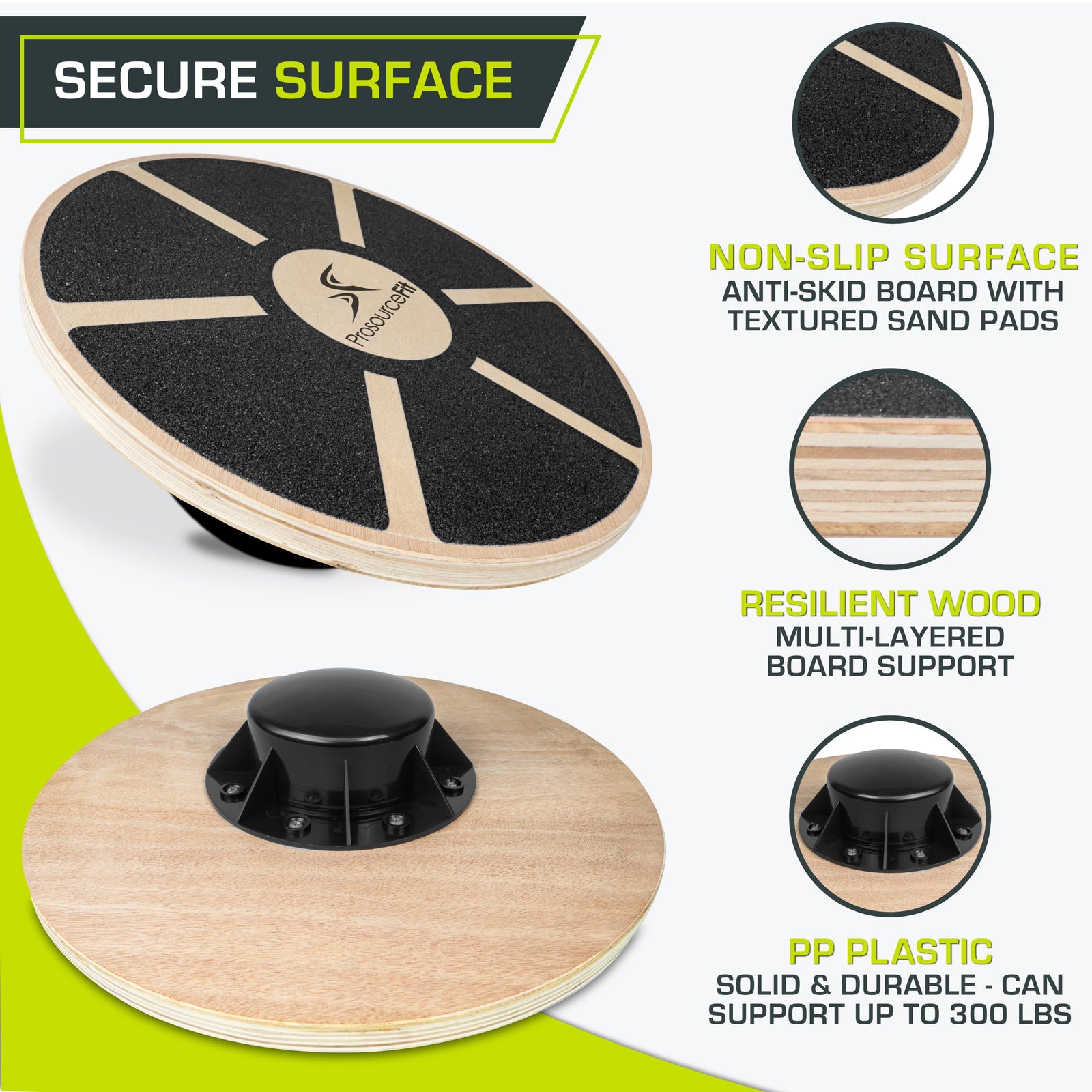 ProsourceFit Wooden Balance Board Non-Slip Wobble Core Trainer 15.75in Diameter with 360 Rotation for Stability Training, Full Body Exercises, Physical Therapy