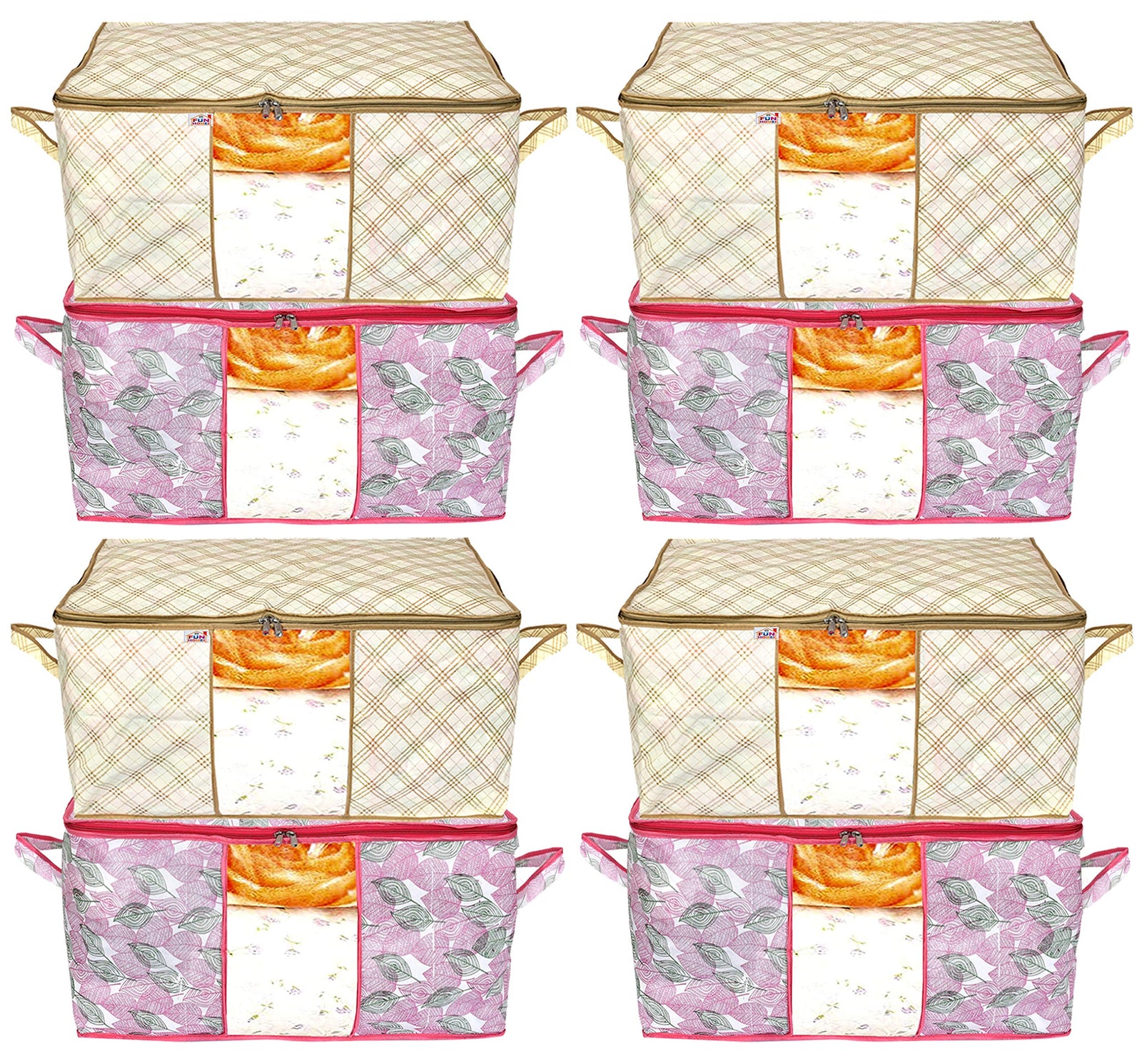 Fun Homes Metalic Leafy,Checkered Print Non Woven 8 Pieces Underbed Storage Bag,Cloth Organiser,Blanket Cover with Transparent Window (Ivory & Pink)-FUHHNH16653