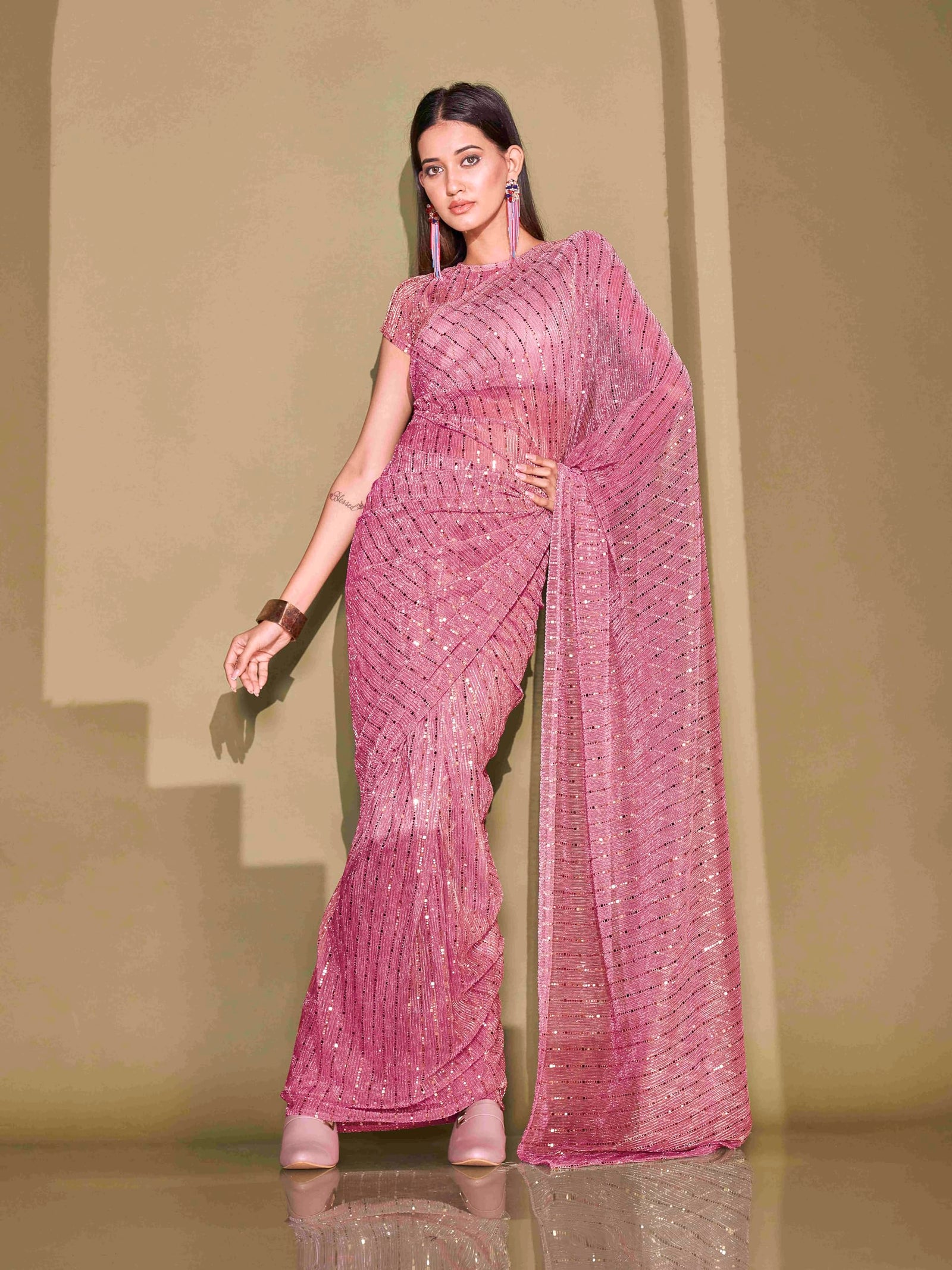 Womanista Women Ready To Wear Pink Lycra Foil Saree with Unstitched Blouse