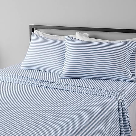 Amazon Basics Lightweight Super Soft Easy Care Microfiber Bed Sheet Set with 14” Deep Pockets - Queen, Dusty Blue Pinstripe