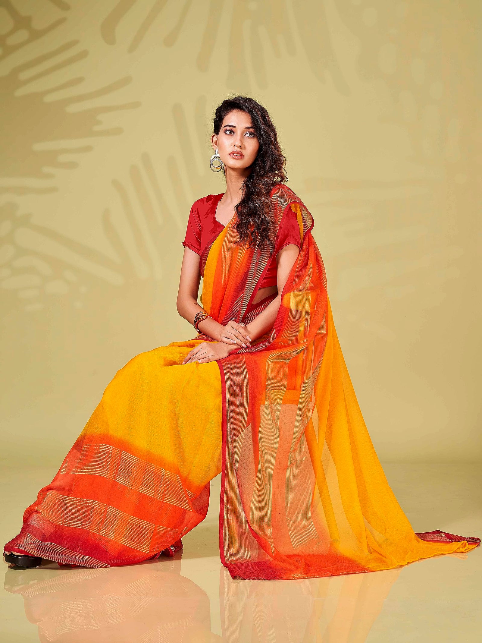 Womanista Women's Solid Poly Chiffon Ready to Wear Saree (TI4058_Yellow & Red)