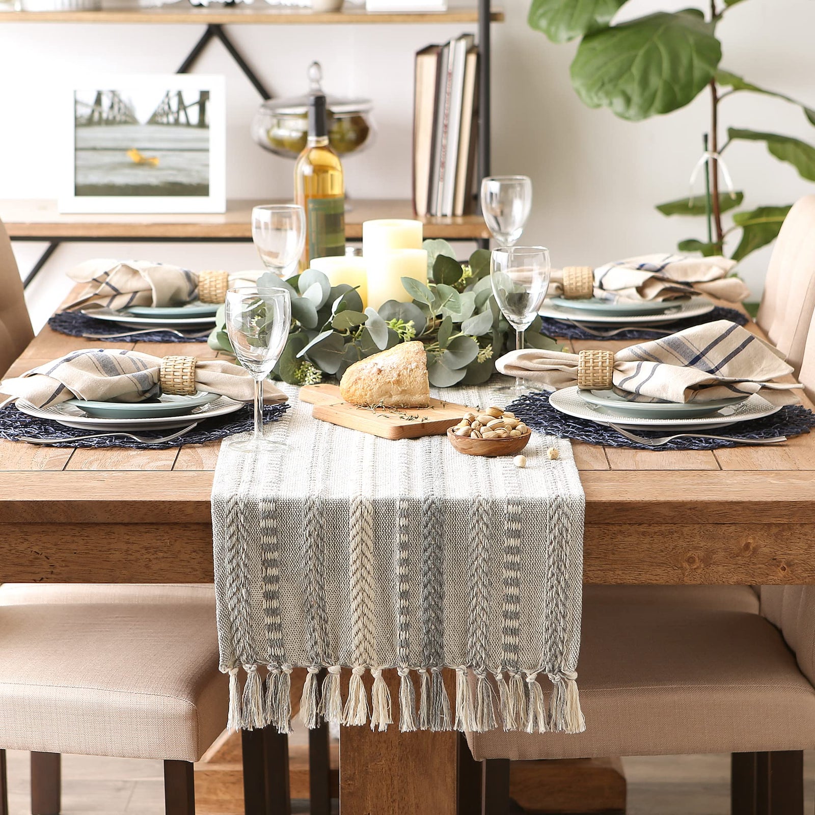 DII Farmhouse Braided Stripe Table Runner Collection, 15x72 (15x77, Fringe Included), Cool Gray