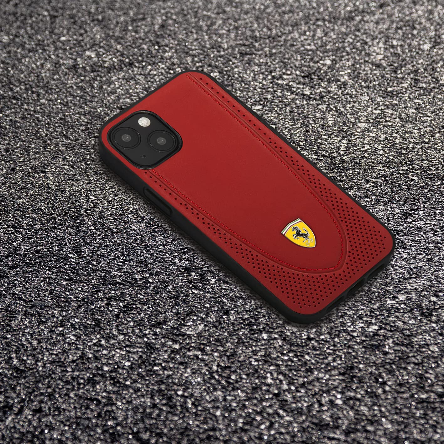 Ferrari FEHCP13MRGOR Genuine Leather Hard Case With Curved Line Stitched And Perforated Leather For Iphone 13 - 6.1 Inch - Red