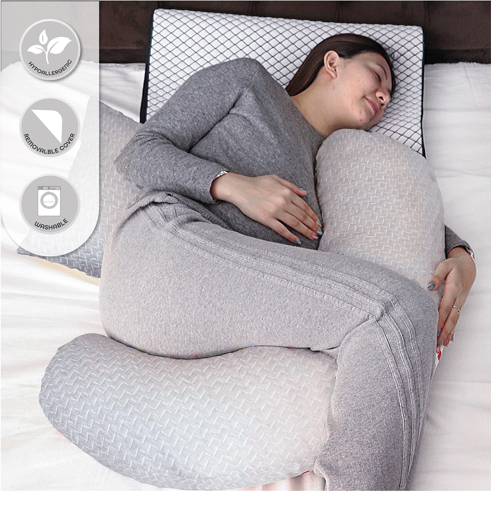 MOON MultiPosition Maternity Pillow – MaternityFeedingNursing Cushion with Removable/Washable Cover Support for Back, Hips, Legs, Belly For Pregnant Women Grey