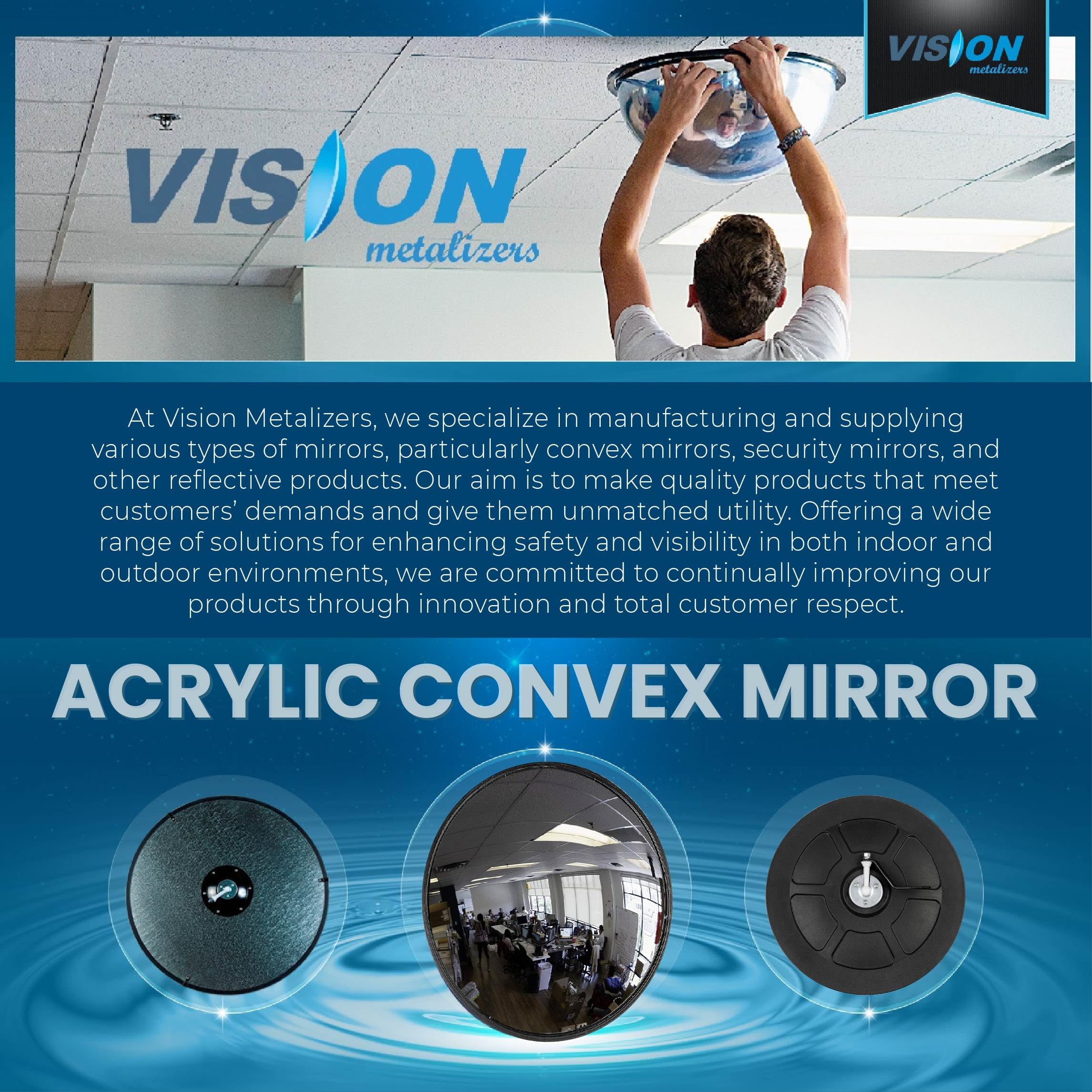 12” Acrylic Convex Mirror, Round Indoor Security Mirror for the Garage Blind Spot, Store Safety, Warehouse Side View, and More, Circular Wall Mirror for Personal or Office Use - Vision Metalizers