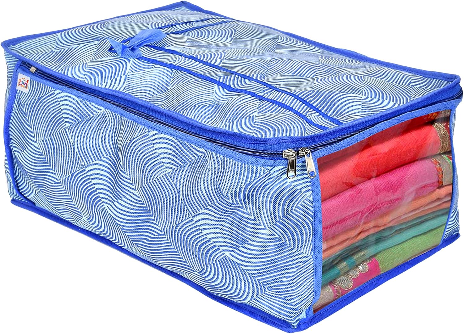 Fun Homes Metalic LaHariya Print 2 Piece Non Woven Saree Cover And 2 Pieces Underbed Storage Bag, Storage Organiser, Blanket Cover (Blue)