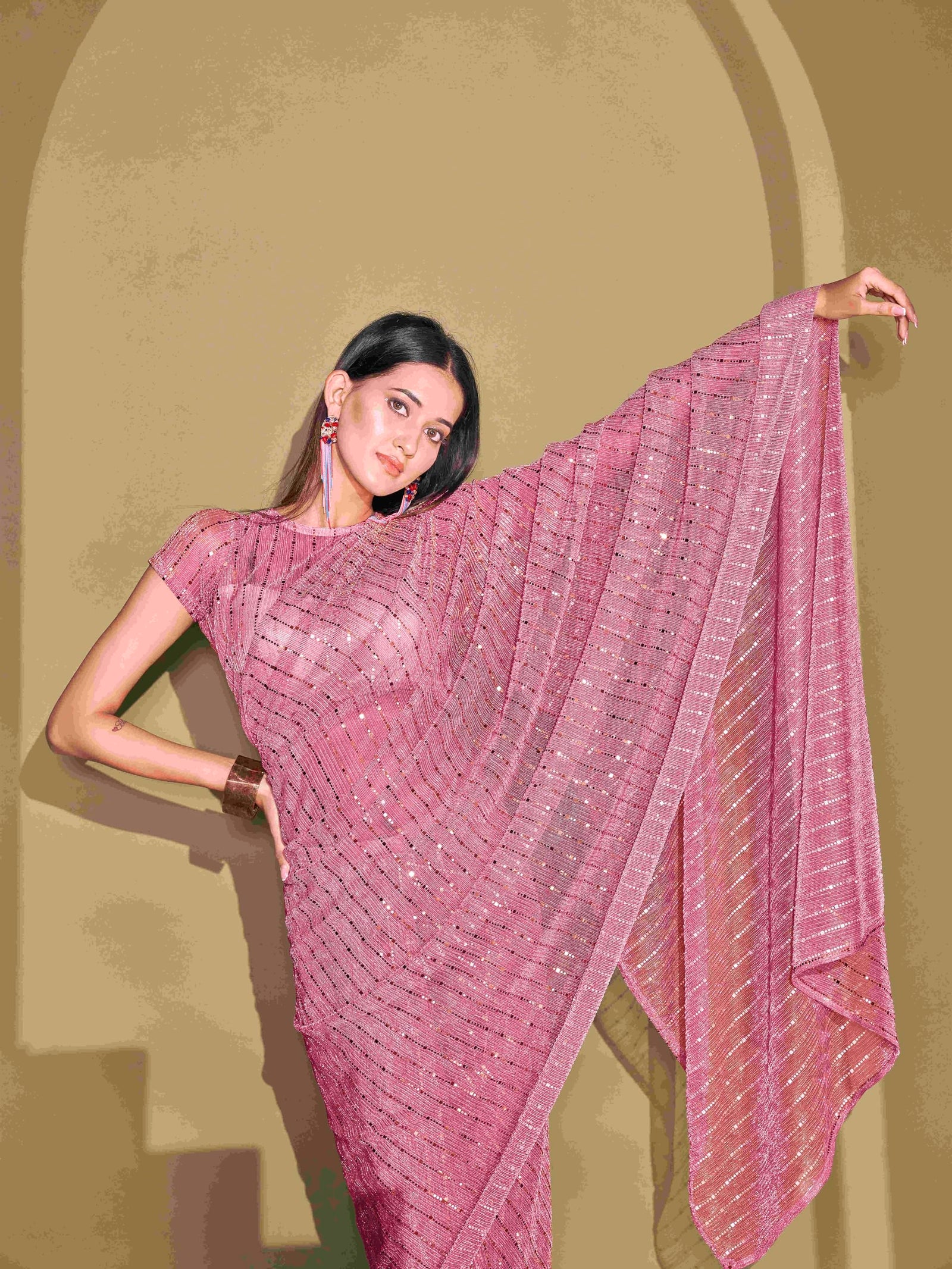Womanista Women Ready To Wear Pink Lycra Foil Saree with Unstitched Blouse