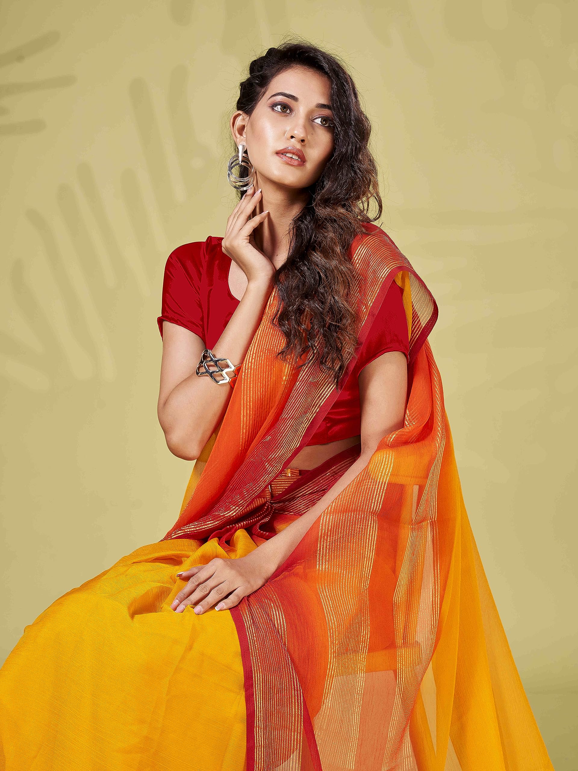 Womanista Women's Solid Poly Chiffon Ready to Wear Saree (TI4058_Yellow & Red)