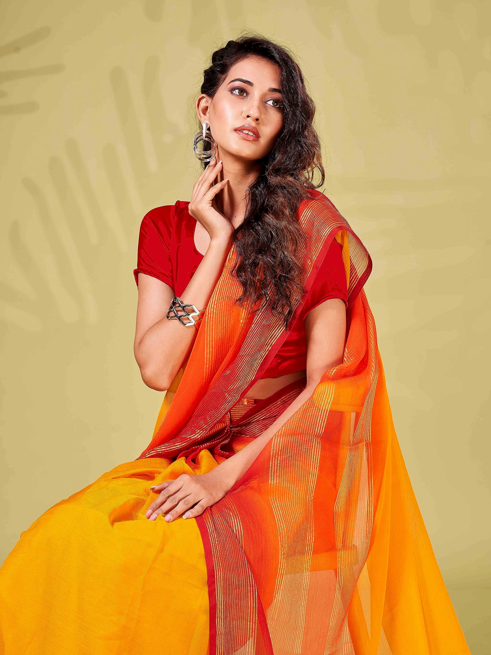 Womanista Women's Solid Poly Chiffon Ready to Wear Saree (TI4058_Yellow & Red)