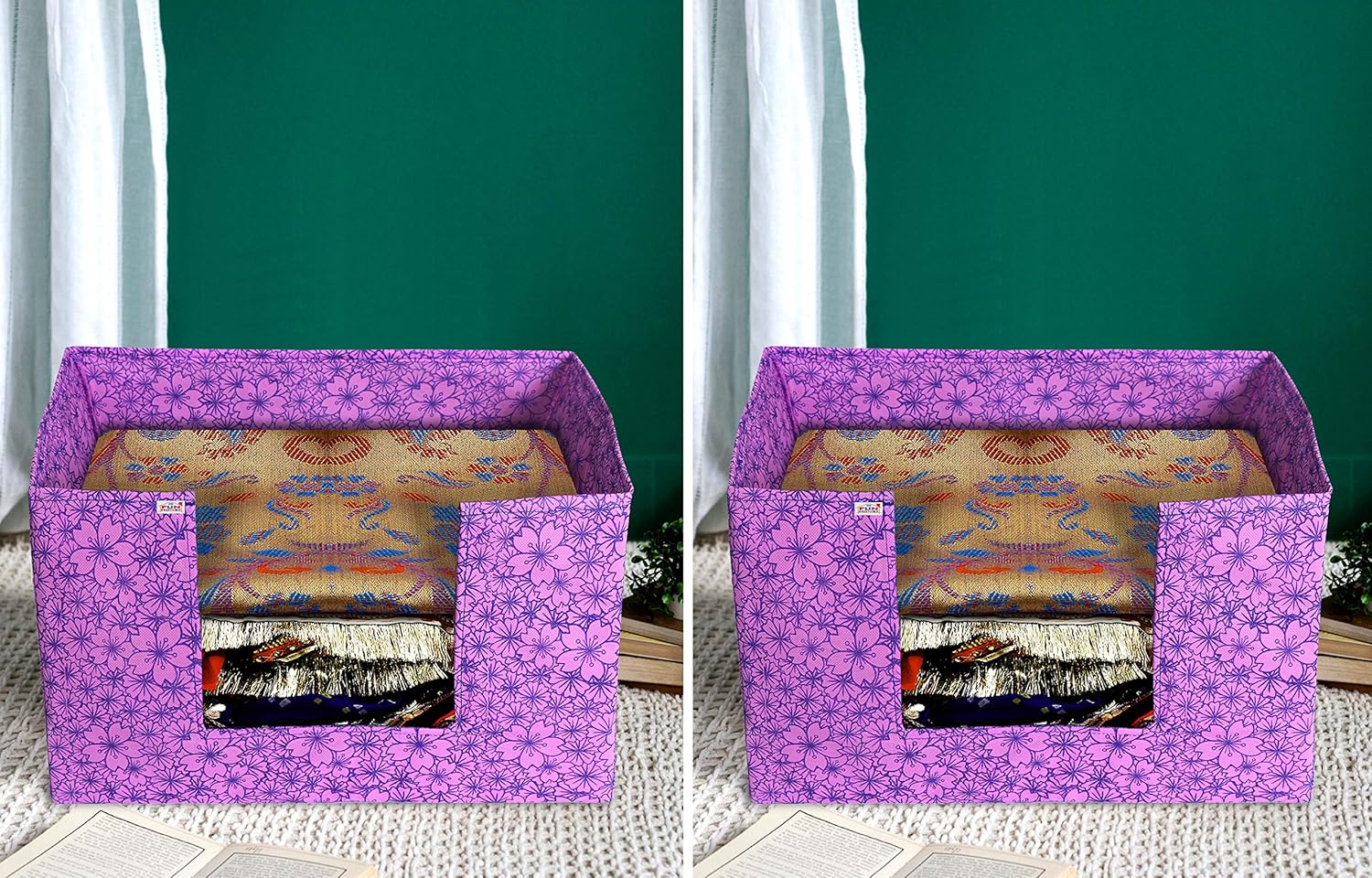 Fun Homes Metalic Flower Print 2 Pieces Large Capacity Space Saver Closet, Stackable and Foldable Saree, Clothes Storage Bag, Non-Woven Rectangle Cloth Saree Stacker Wardrobe Organizer (Pink & Purple)