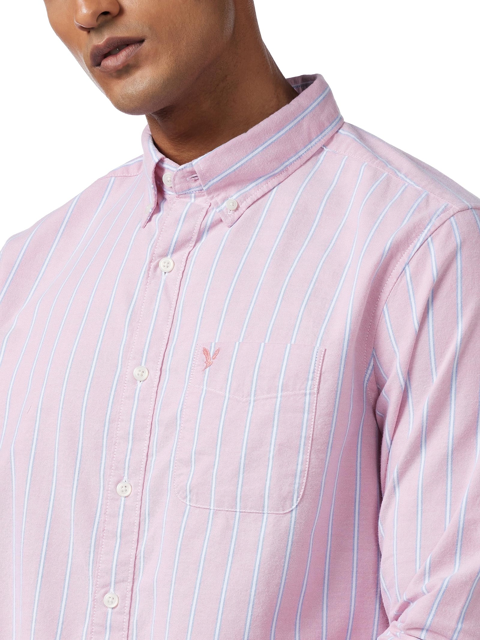 American Eagle Men's Striped Classic Fit Oxford Button-Up Shirt M PINK