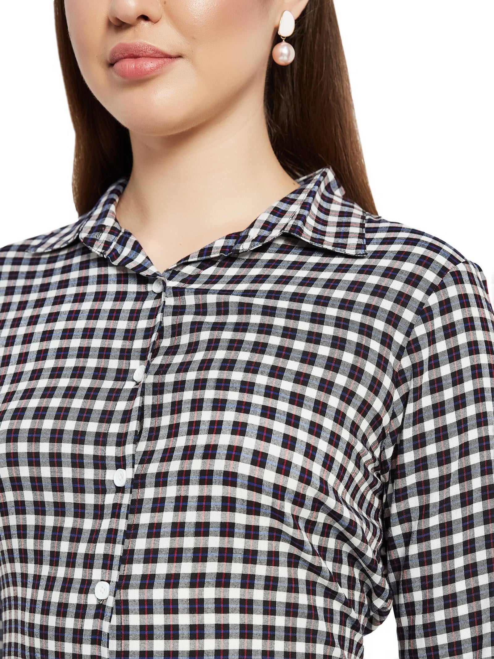 Miss Olive Women's Multicolored Checkered Shirt Collar 3/4 Sleeve Rayon Shirt Midi Dress(MOSS23D79-07-224-03)