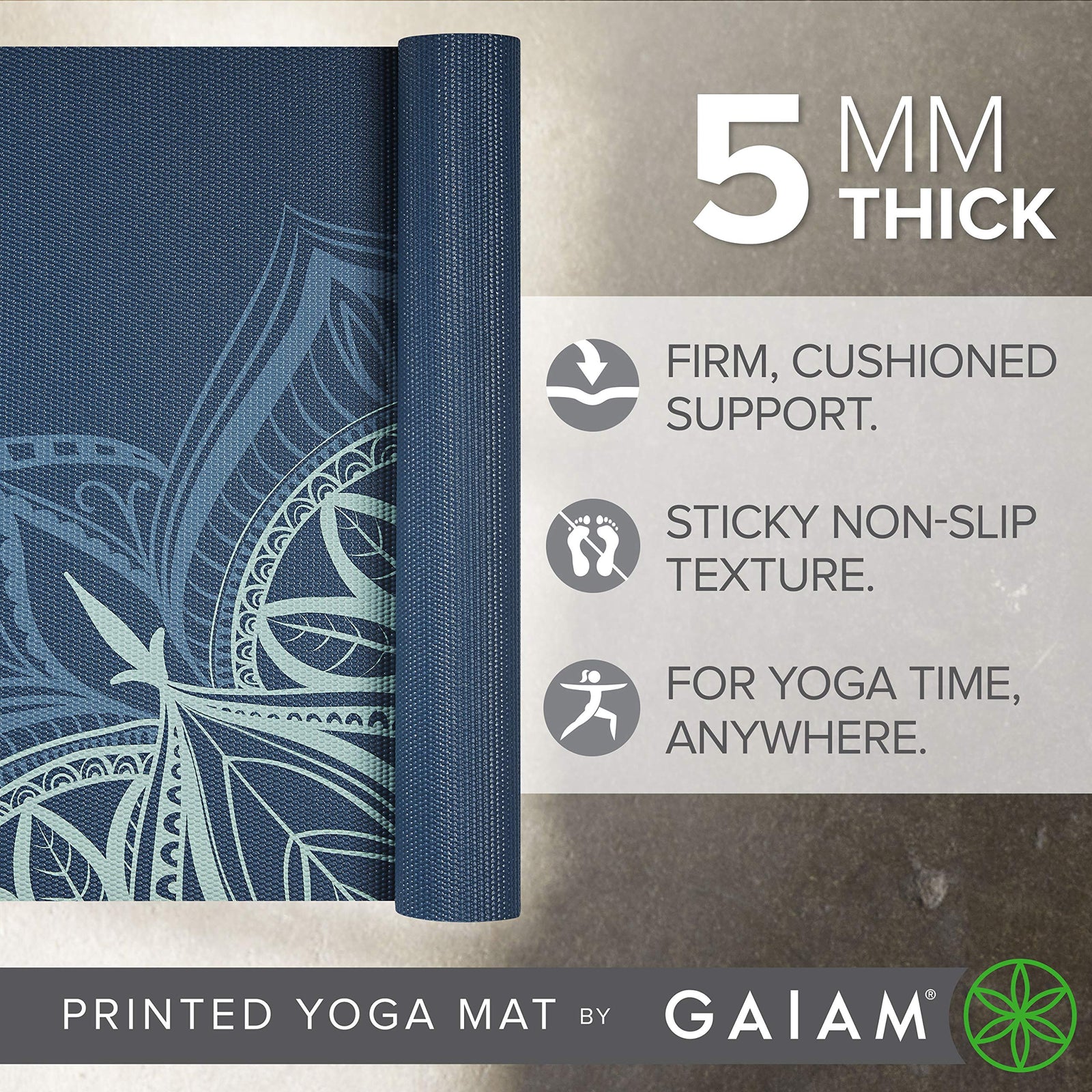 Gaiam Yoga Mat - Premium 5mm Print Thick Non Slip Exercise & Fitness Mat for All Types of Yoga, Pilates & Floor Workouts (68