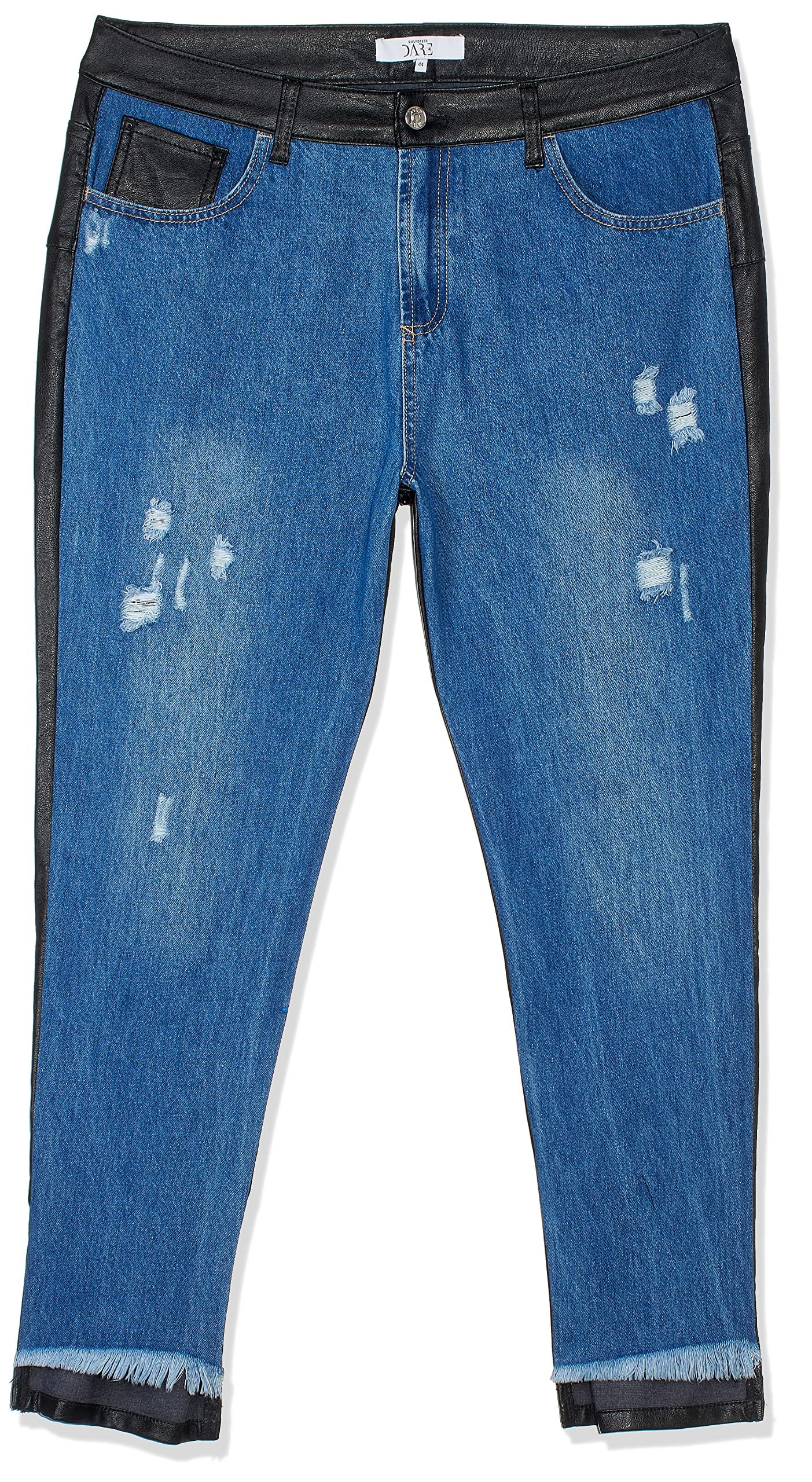 Boyfriend Cut Destroyed Denim With Black Synthetic Leather Back - Black - Black/Blue - 42