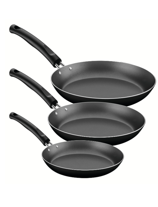 TRAMONTINA 3 Pieces Black Aluminum Frying Pan Set with Interior Starflon Max PFOA Free Nonstick Coating and Exterior Silicon Coating 20cm + 24cm + 26cm