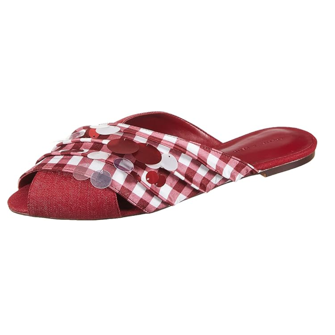 CHARLES & KEITH Fabric Sequin Embellished Peep Toe Plaid Flat Mules for Women