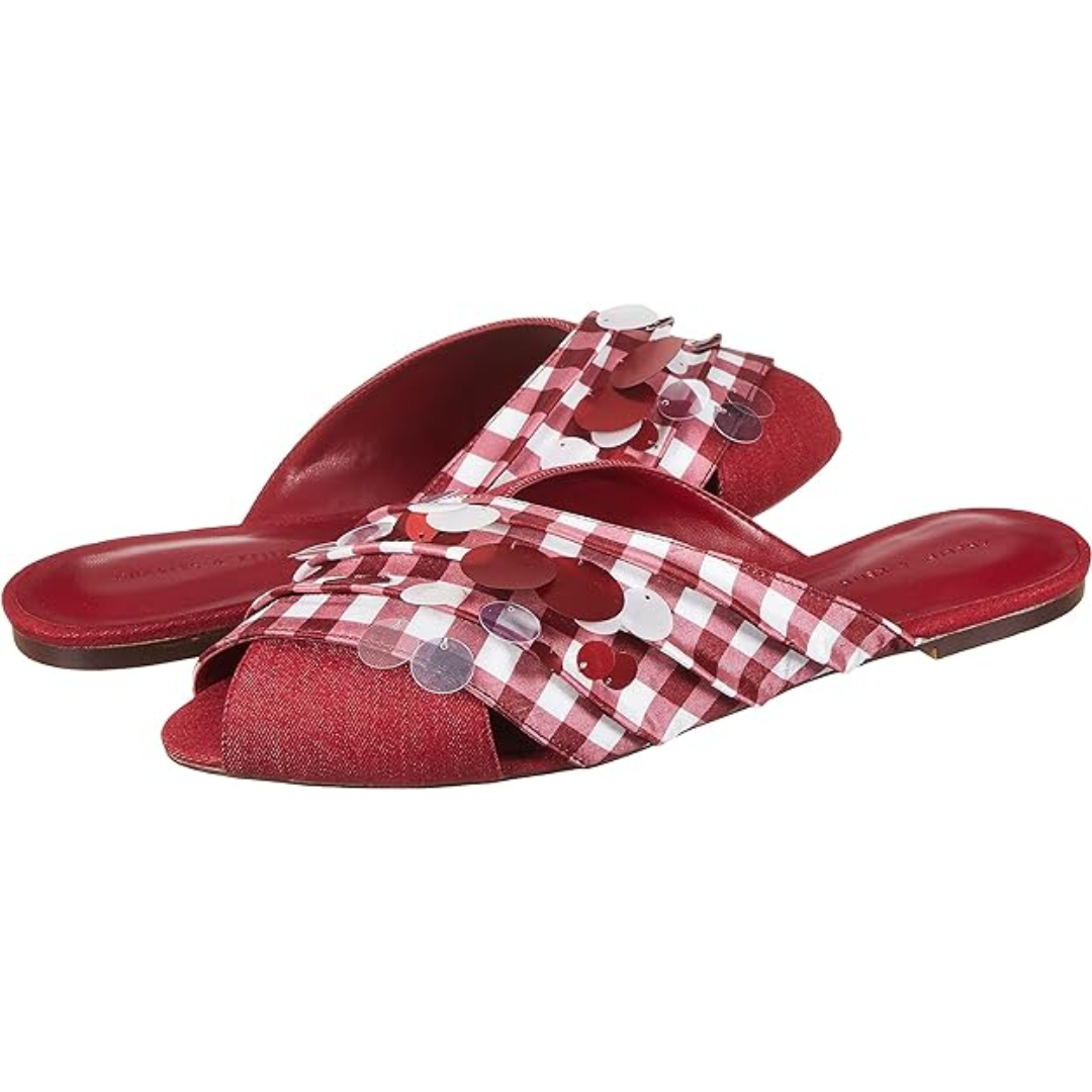 CHARLES & KEITH Fabric Sequin Embellished Peep Toe Plaid Flat Mules for Women