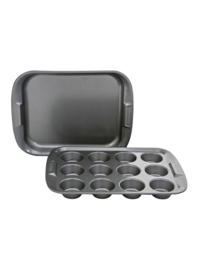 Prestige 12-Cup Muffin Pan And Oven Tray Set 38x3.5x30.5cm, Pancake Mould Chrome 41x4x28cm