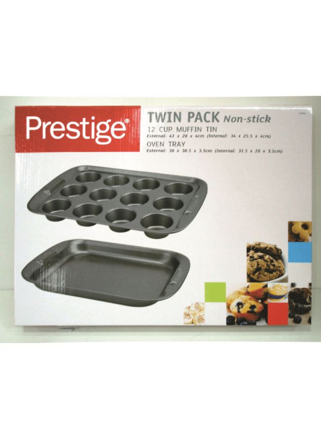 Prestige 12-Cup Muffin Pan And Oven Tray Set 38x3.5x30.5cm, Pancake Mould Chrome 41x4x28cm