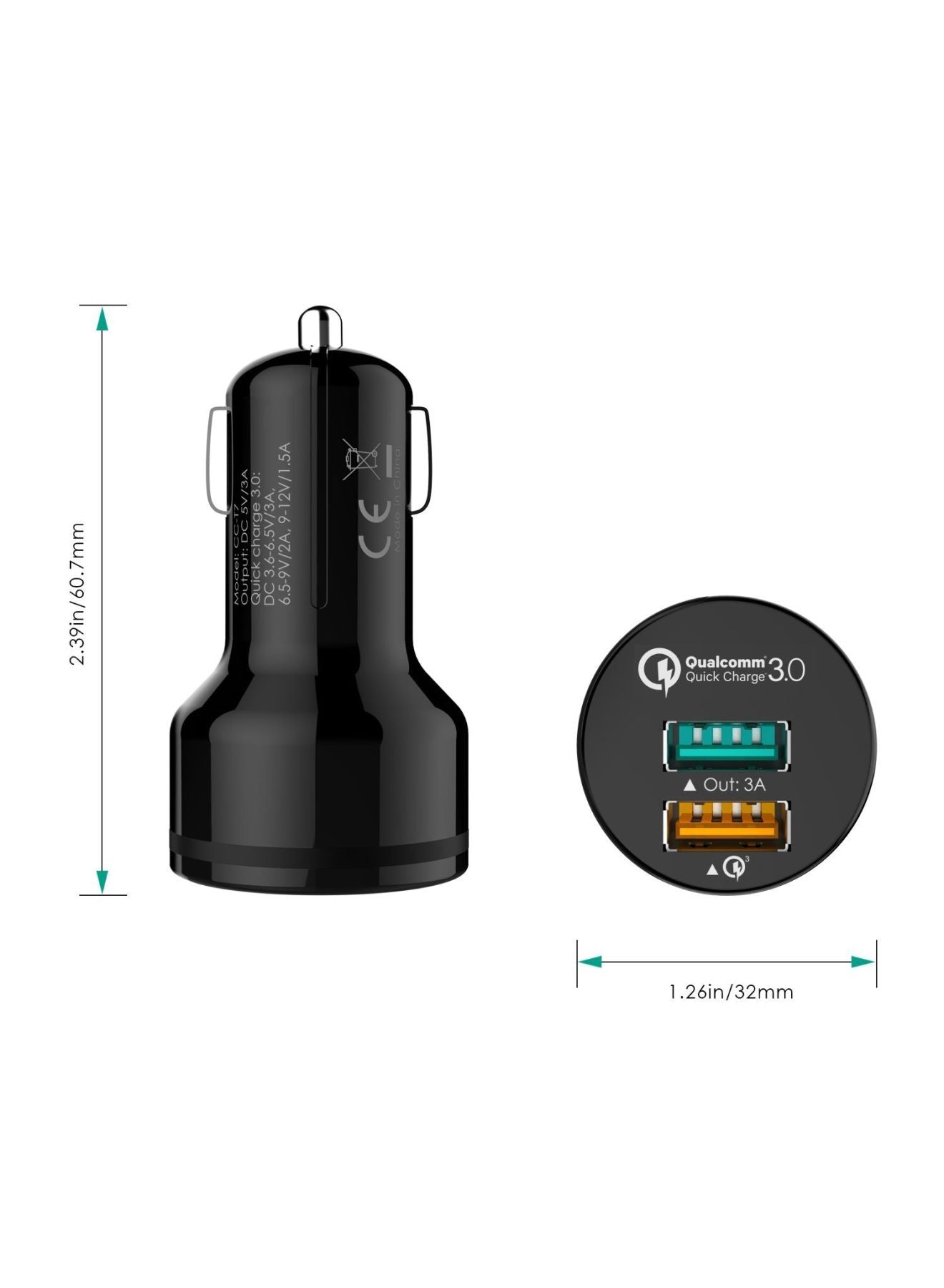 Aukey Qualcomm Quick Dual Port Car Charger With Micro USB Cable Black