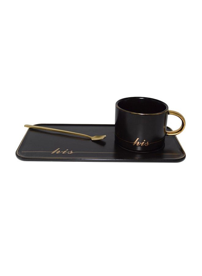 Generic Ceramic Cup And Saucer Set With Spoon Black/Gold 25x13x8centimeter