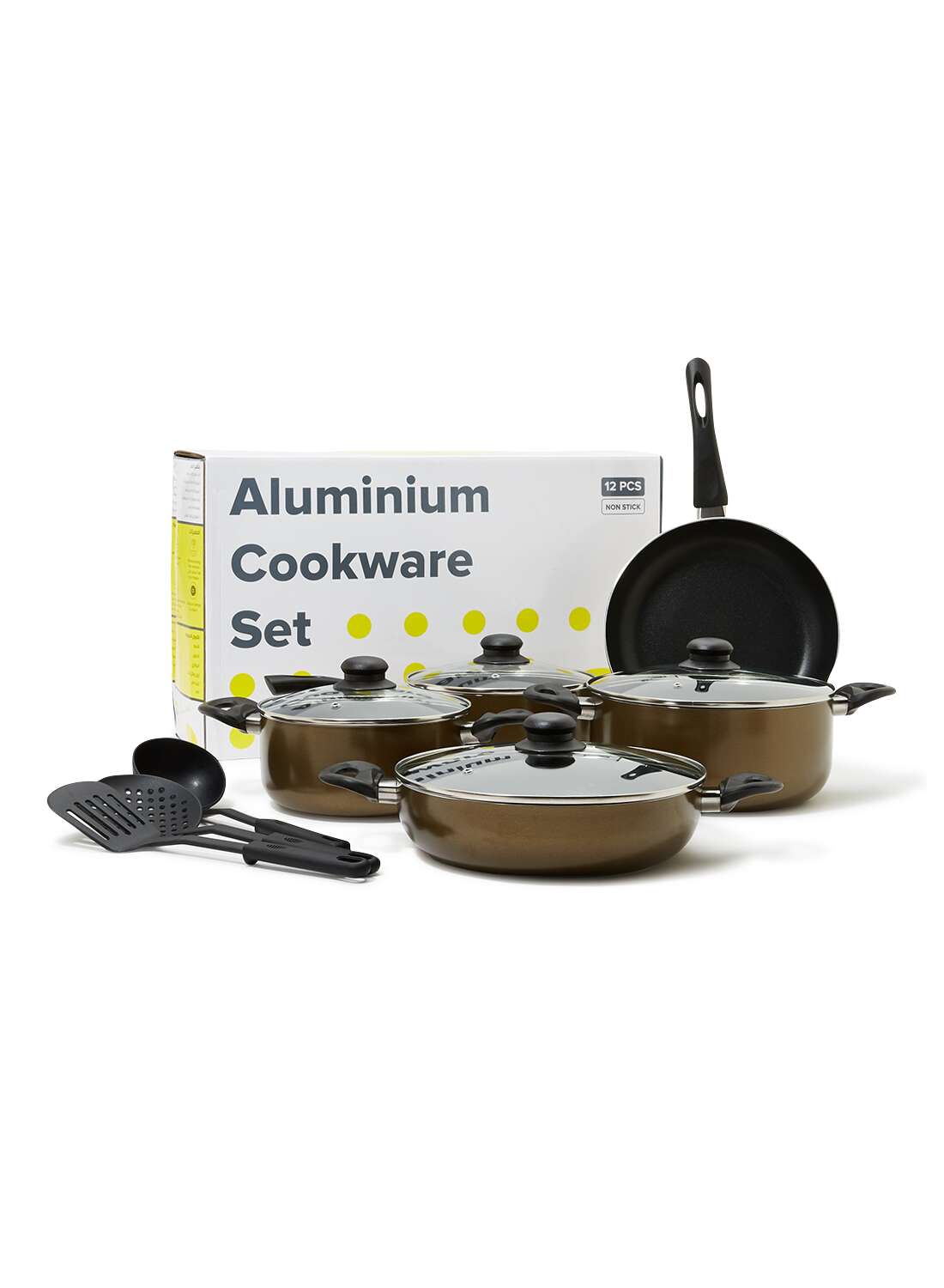 Amal 12-Piece  Cookware Set - Aluminum Pots And Pans - Non-Stick Surface - Tempered Glass Lids - PFOA Free - Frying Pan, Casserole With Lid, Saucepan With Lid, Kitchen Tools