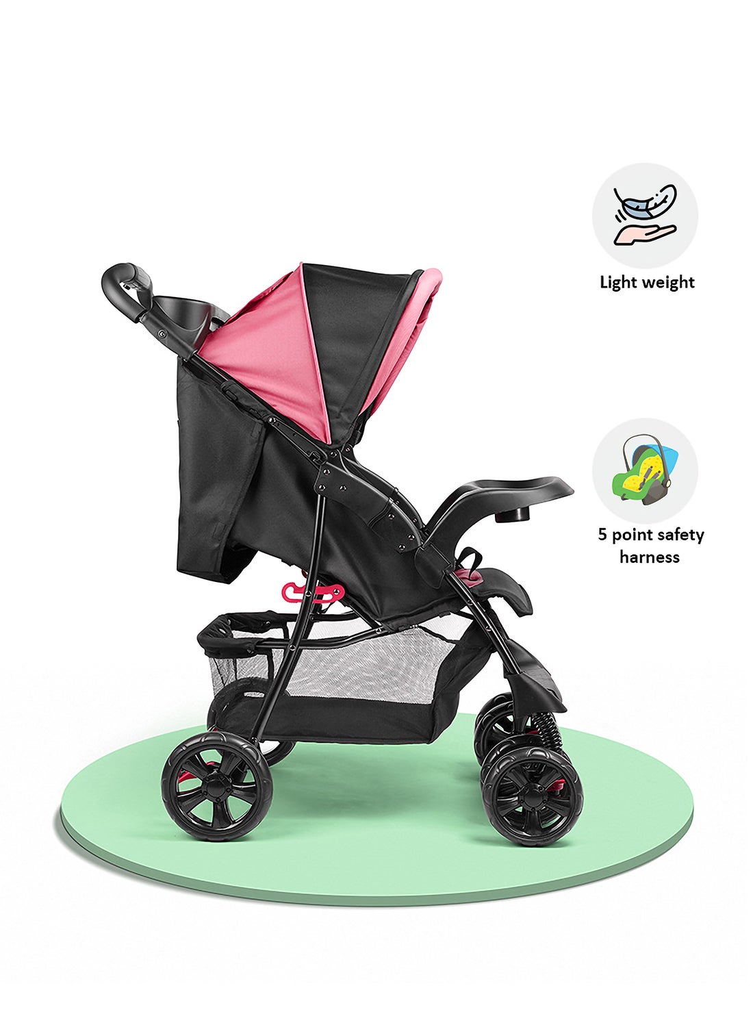 Bebi Lightweight Baby Stroller Compact And Easy One Hand Fold Adjustible Leg Rest And Top Tray Ideal For Newborn Baby To 3 Years Pink/Black