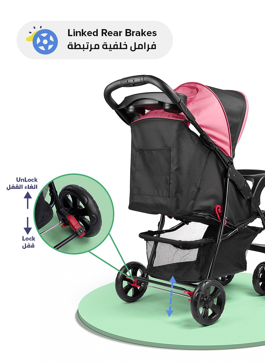 Bebi Lightweight Baby Stroller Compact And Easy One Hand Fold Adjustible Leg Rest And Top Tray Ideal For Newborn Baby To 3 Years Pink/Black