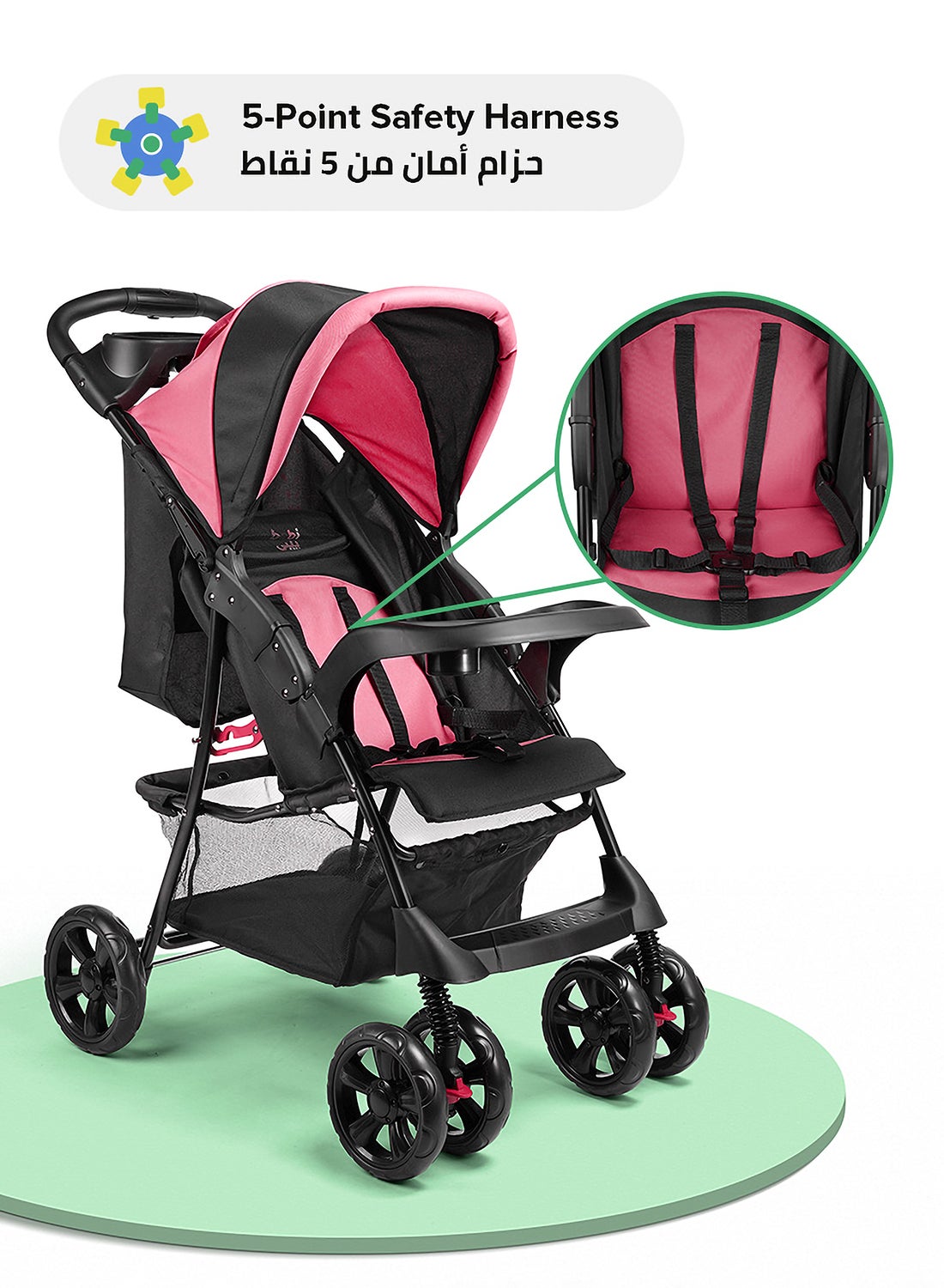 Bebi Lightweight Baby Stroller Compact And Easy One Hand Fold Adjustible Leg Rest And Top Tray Ideal For Newborn Baby To 3 Years Pink/Black