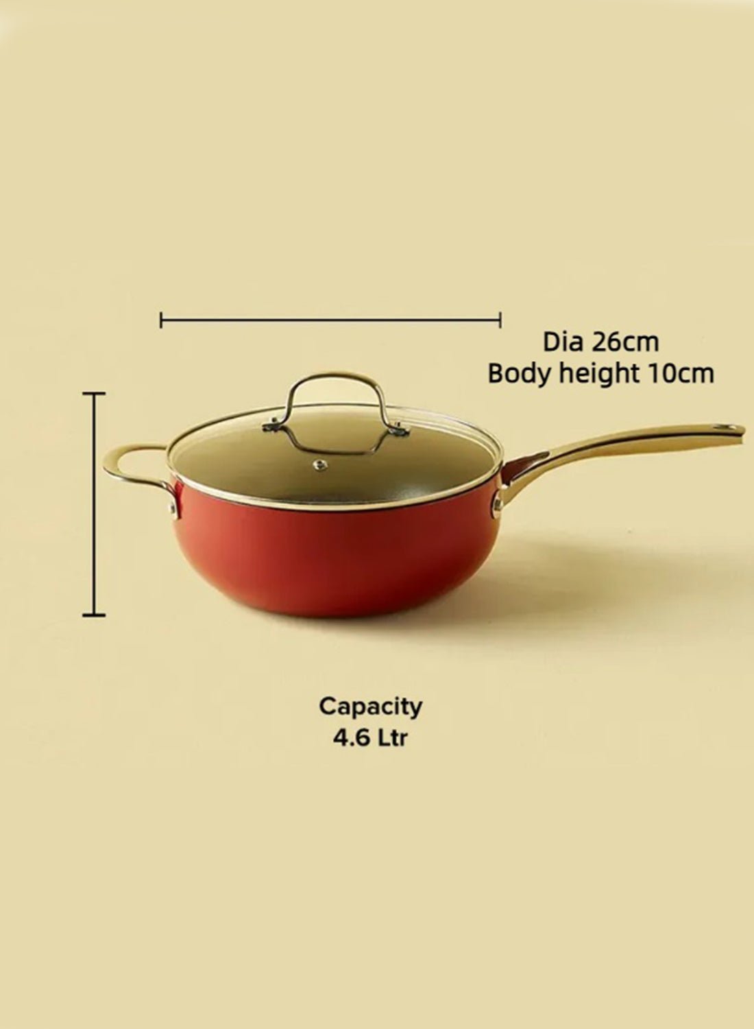 4.6 L Frying Pan - Aluminum Pan Coated With Non-Stick Surface - Heavy Bottom Chef'S - Tempered Glass Lid - PFOA Free -  Red