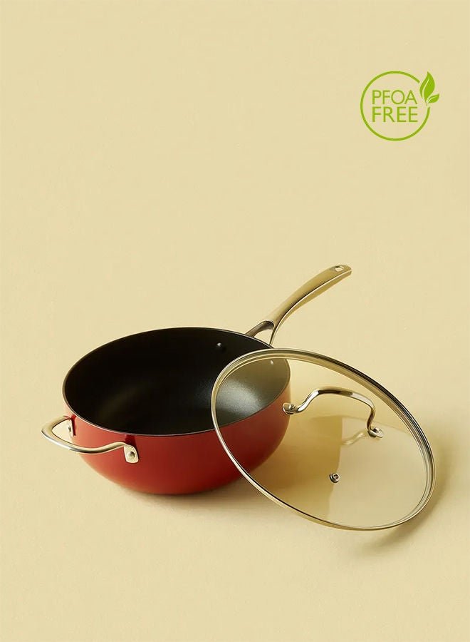 4.6 L Frying Pan - Aluminum Pan Coated With Non-Stick Surface - Heavy Bottom Chef'S - Tempered Glass Lid - PFOA Free -  Red