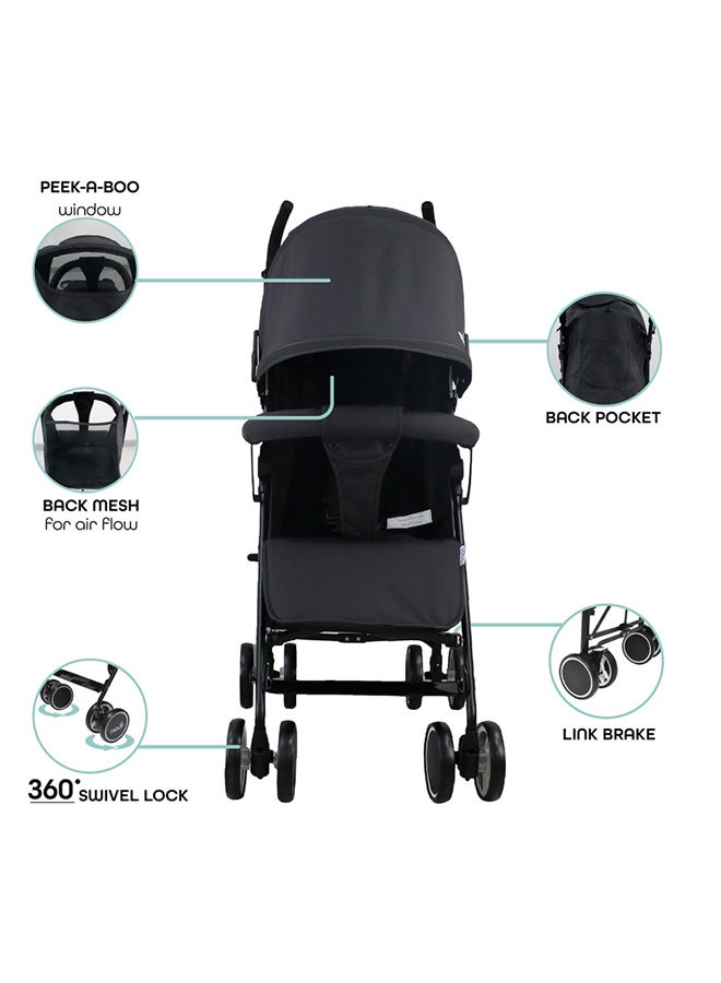 Moon Lightweight Adjustable Backrest Reclining Function Canopy Strek Stroller For Baby - Black