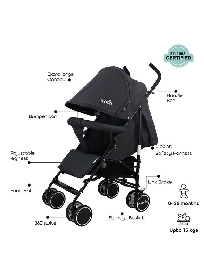 Moon Lightweight Adjustable Backrest Reclining Function Canopy Strek Stroller For Baby - Black